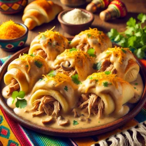 Turkey crescent rolls with cheese and mushroom sauce, topped with fresh cilantro, in a vibrant Mexican-style setting.