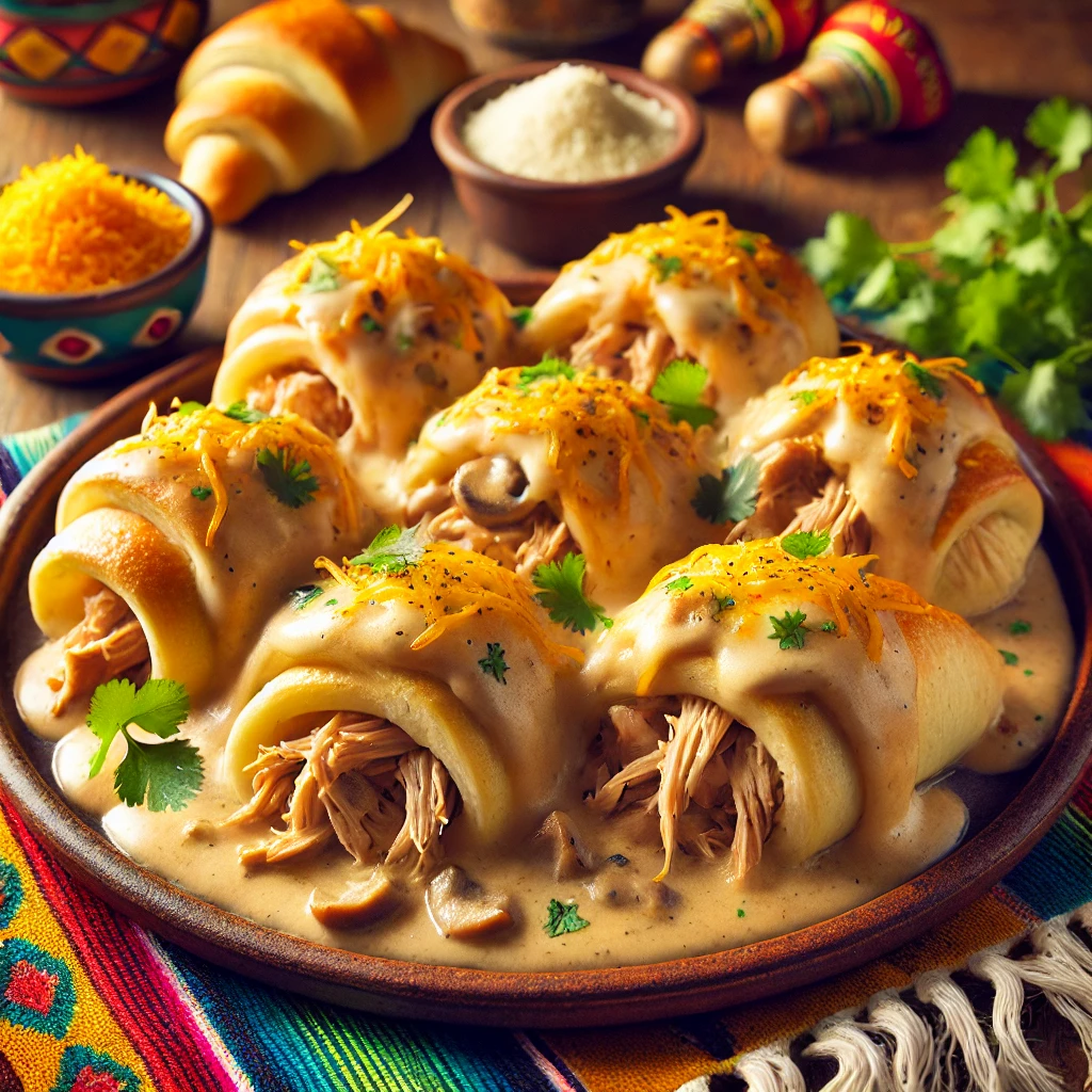 Turkey crescent rolls with cheese and mushroom sauce, topped with fresh cilantro, in a vibrant Mexican-style setting.