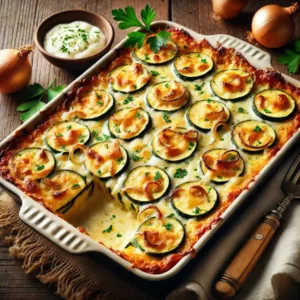 Ultra-sharp image of zucchini slices layered with caramelized onions and creamy sauce, baked with golden bubbling cheese and garnished with parsley. Served in a rectangular ceramic dish on a rustic wooden dining table with serving spoon and linen napkin, captured in bright natural light.