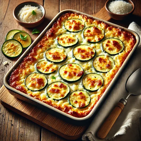 Ultra-sharp image of a golden-brown zucchini and rice casserole with bubbling melted cheese, served in a ceramic baking dish on a rustic wooden dining table with serving spoon and linen napkin, captured in bright natural light.