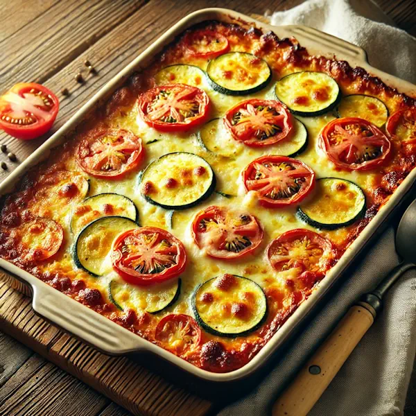 Ultra-sharp image of a golden brown zucchini and tomato bake with bubbling melted cheese. Layers of zucchini and ripe tomatoes are visible beneath the cheesy crust. Served in a ceramic baking dish on a rustic wooden dining table with a serving spoon and linen napkin, captured in bright natural light.