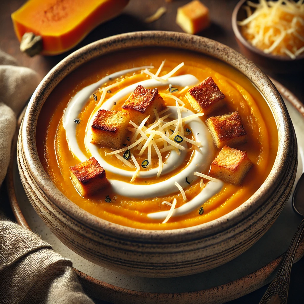 A beautifully plated bowl of cheesy butternut squash soup, featuring a smooth, creamy texture with a rich golden-orange hue. The bowl rests on a wooden table with a linen napkin, with soft, natural lighting highlighting the warm and comforting presentation.