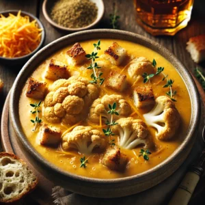 A beautifully plated bowl of Cheesy Cauliflower & Cider Soup, featuring a creamy, golden-hued soup made with roasted cauliflower, sharp cheddar cheese, and a hint of cider for depth. The soup is served in a rustic ceramic bowl, garnished with crispy croutons, a sprinkle of grated cheese, and fresh thyme leaves. The rich, velvety texture contrasts with the crunchy toppings. Accompanied by a slice of crusty bread and a small glass of cider, the bowl rests on a wooden table with soft, natural lighting enhancing the warm and comforting presentation.
