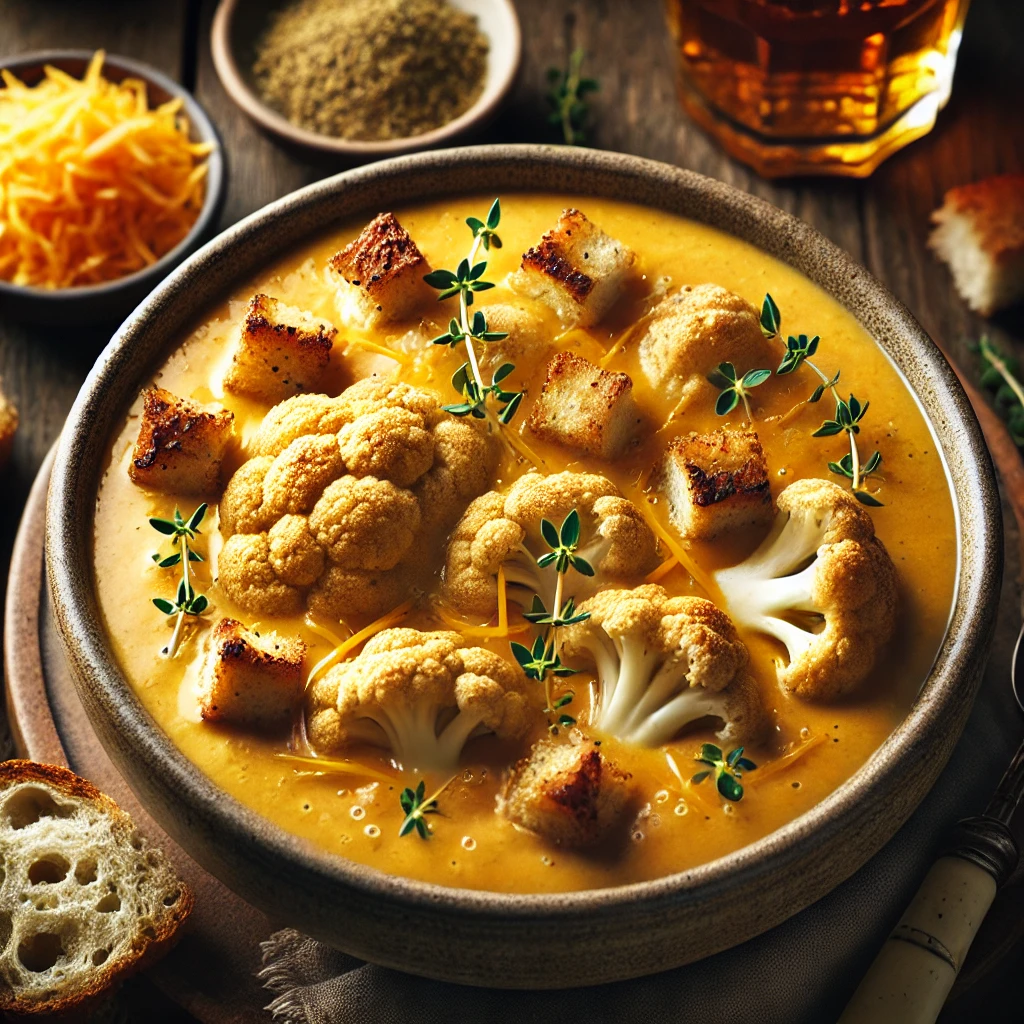 A beautifully plated bowl of Cheesy Cauliflower & Cider Soup, featuring a creamy, golden-hued soup made with roasted cauliflower, sharp cheddar cheese, and a hint of cider for depth. The soup is served in a rustic ceramic bowl, garnished with crispy croutons, a sprinkle of grated cheese, and fresh thyme leaves. The rich, velvety texture contrasts with the crunchy toppings. Accompanied by a slice of crusty bread and a small glass of cider, the bowl rests on a wooden table with soft, natural lighting enhancing the warm and comforting presentation.