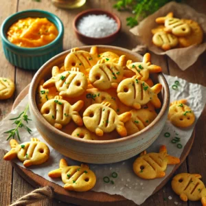 Cheezy Quackers, vegan cheese crackers shaped like fish, golden and crispy, garnished with sea salt and chives, served in a rustic bowl with a vegan cheese dip on a wooden table.
