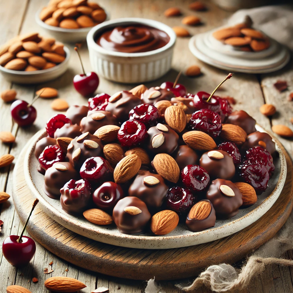 A plate of cherry almond clusters on a rustic wooden table, featuring roasted almonds and dried cherries coated in smooth, melted chocolate. Some clusters are drizzled with extra chocolate, while others have a sprinkle of chopped almonds or dried cherry pieces. The plate rests on a wooden cutting board, with scattered almonds, cherries, and a small dish of melted chocolate nearby. Soft natural lighting enhances the warm, inviting tones.