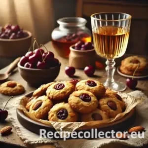 A rustic kitchen table with golden brown cherry almond cookies on parchment, surrounded by dried cherries, almonds, and a glass of dessert wine, bathed in natural light.
