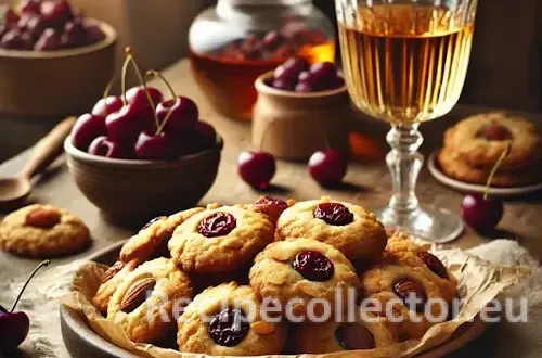 A rustic kitchen table with golden brown cherry almond cookies on parchment, surrounded by dried cherries, almonds, and a glass of dessert wine, bathed in natural light.