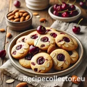 Golden brown cherry almond cookies with slivered almonds and dried cherries, arranged on a plate on a rustic wooden table with a linen napkin and soft natural lighting.