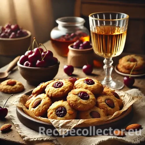 A rustic kitchen table with golden brown cherry almond cookies on parchment, surrounded by dried cherries, almonds, and a glass of dessert wine, bathed in natural light.