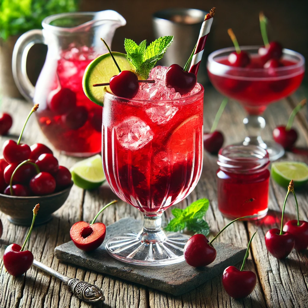 A beautifully crafted cherry mocktail in an elegant glass, deep red in color, filled with crushed ice and garnished with fresh cherries, a lime slice, and a sprig of mint. The rustic wooden table is decorated with whole and halved cherries, a small bowl of cherry syrup, and a glass pitcher with extra mocktail, illuminated by soft natural light for a refreshing and vibrant atmosphere.