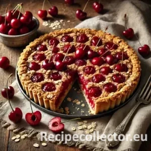 A rustic tart filled with juicy cherries and topped with golden toasted oatmeal flakes, baked in an almond oat crust and served on a wooden surface with crumbs scattered around.
