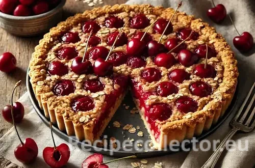 A rustic tart filled with juicy cherries and topped with golden toasted oatmeal flakes, baked in an almond oat crust and served on a wooden surface with crumbs scattered around.