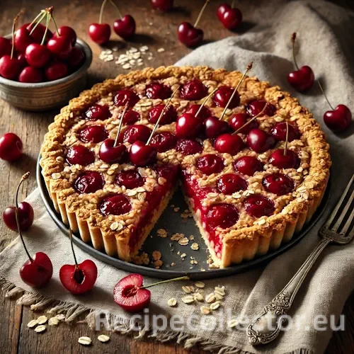 A rustic tart filled with juicy cherries and topped with golden toasted oatmeal flakes, baked in an almond oat crust and served on a wooden surface with crumbs scattered around.