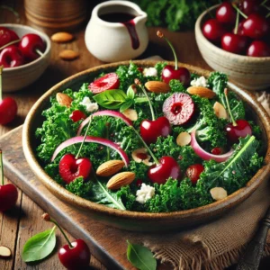 Tender kale leaves massaged with balsamic vinaigrette, topped with juicy cherries, crumbled goat cheese, toasted almonds, and thinly sliced red onions, garnished with fresh basil.