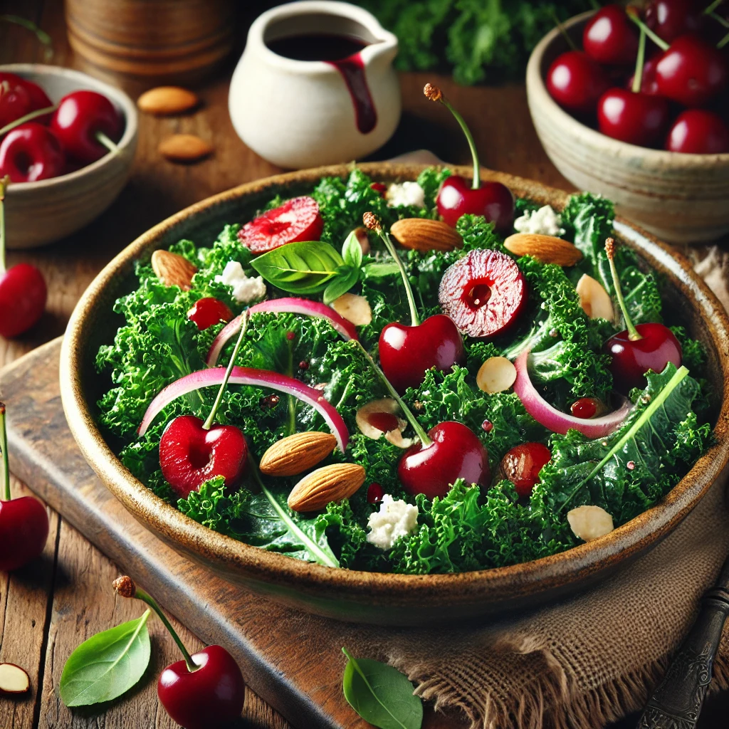 Tender kale leaves massaged with balsamic vinaigrette, topped with juicy cherries, crumbled goat cheese, toasted almonds, and thinly sliced red onions, garnished with fresh basil.