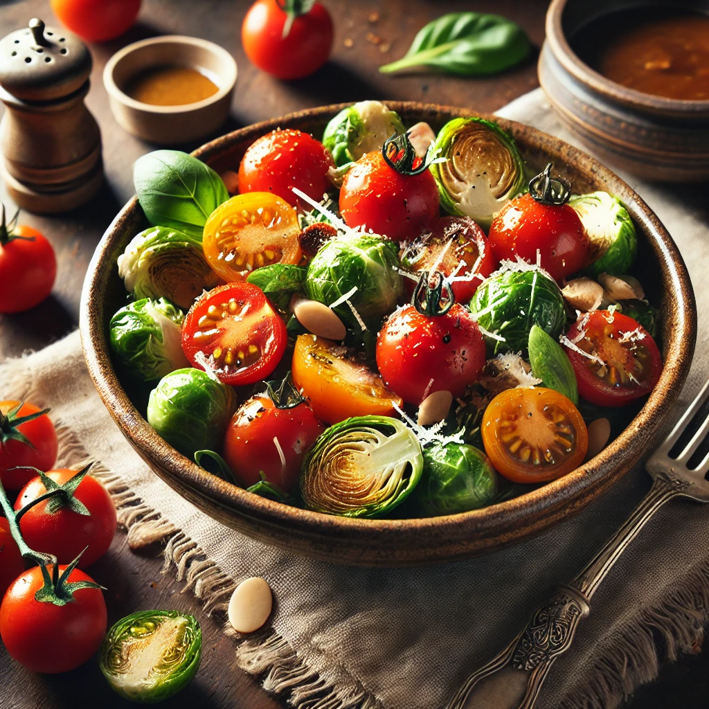 A rustic presentation of cherry tomato and Brussels sprouts salad, elegantly arranged on a wooden table. The salad features halved cherry tomatoes and roasted Brussels sprouts, tossed with a light balsamic dressing and garnished with shaved Parmesan cheese and toasted almonds. The dish is served in a ceramic bowl, with a fork resting on the side. Scattered around are fresh basil leaves, whole cherry tomatoes, and a small dish of balsamic glaze. Soft natural lighting enhances the fresh and inviting feel, with gentle shadows and a hint of rustic kitchen elements in the background.