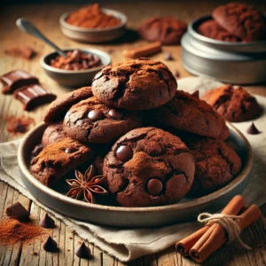 A plate of chewy chocolate-cinnamon cookies on a rustic wooden table, featuring rich, dark cookies with a soft, chewy texture, infused with warm cinnamon spice. Some are lightly dusted with cinnamon sugar, while others have a drizzle of melted chocolate. A few broken cookies reveal their moist, fudgy interior, with scattered cinnamon sticks, chocolate chips, and cookie crumbs adding to the homemade charm. Soft natural lighting enhances the warm, spiced tones.