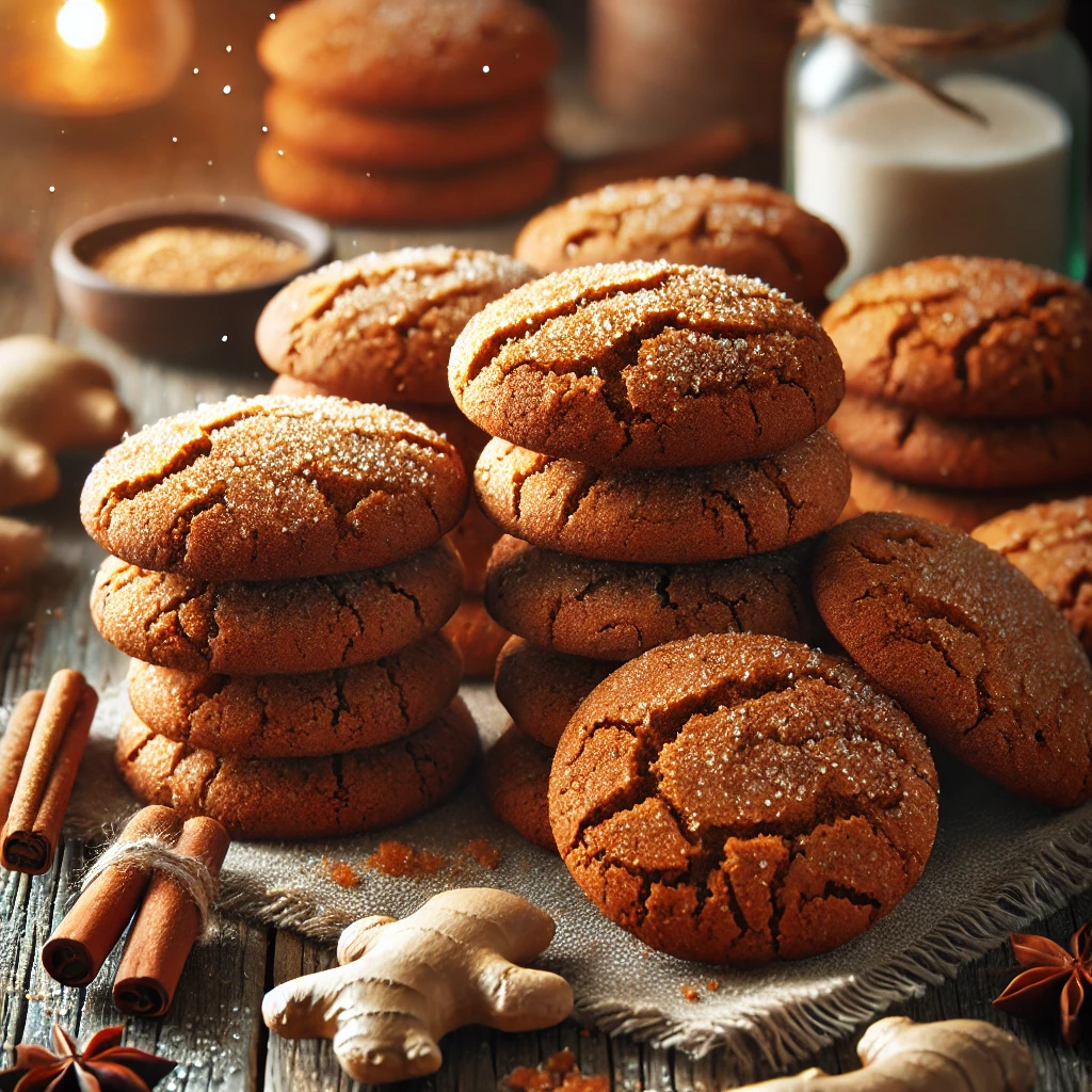 A batch of freshly baked Chewy Ginger Cookies with a deep golden-brown color and a slightly cracked surface. The cookies have a soft, chewy texture and are coated in a light dusting of sugar. Some are stacked, while others cool on a wire rack. They are arranged on a rustic wooden table, accompanied by fresh ginger, cinnamon sticks, and a sprinkle of sugar crystals. Warm, natural lighting enhances the cozy, homemade feel.