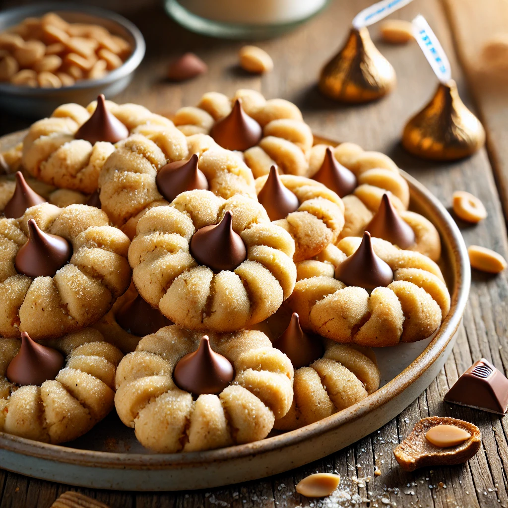 A plate of chewy peanut butter blossoms on a rustic wooden table, featuring golden, soft, and chewy peanut butter cookies with a Hershey’s Kiss chocolate piece pressed into the center. Some cookies are lightly dusted with granulated sugar for a classic touch, while a few broken cookies reveal their tender, peanut butter-filled interior. Scattered chocolate kisses and peanut crumbs add to the homemade charm. Soft natural lighting enhances the warm, inviting tones.