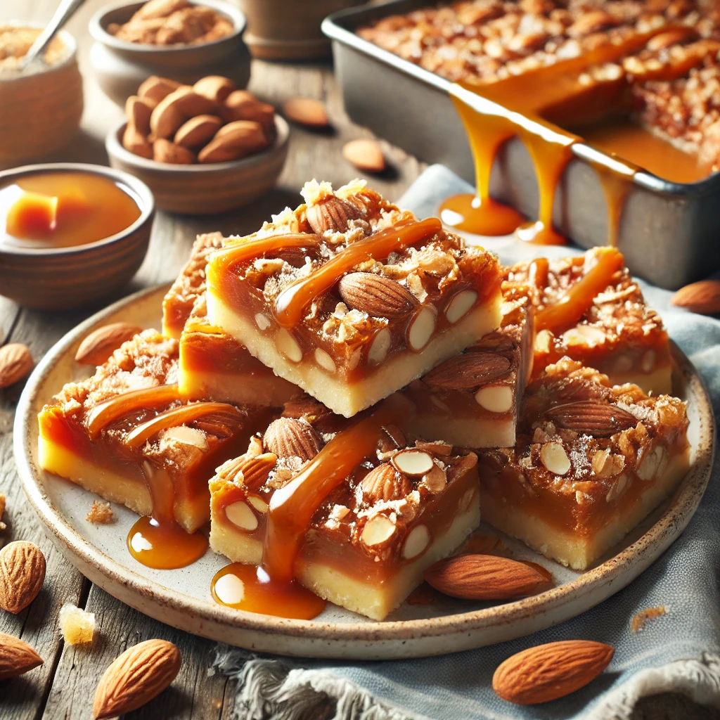 A plate of chewy toffee almond bars on a rustic wooden table, featuring a golden, buttery base with a rich toffee layer and crunchy toasted almonds. Some bars are cut to reveal their gooey texture, drizzled with caramel and sprinkled with crushed almonds. Whole almonds and toffee pieces are scattered around, with soft natural lighting enhancing the warm, inviting tones.