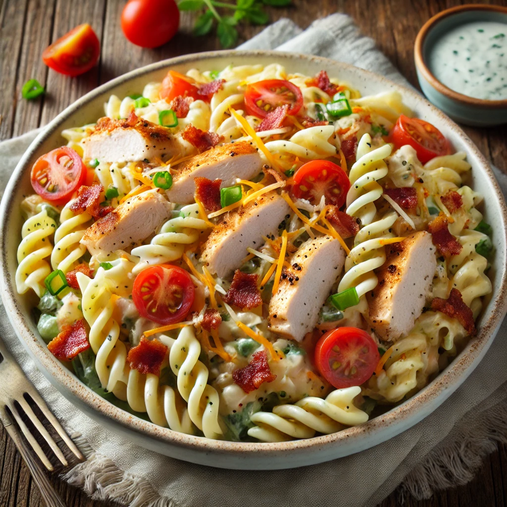 A bowl of chicken bacon ranch pasta salad on a rustic wooden table, featuring al dente pasta tossed with grilled chicken, crispy bacon, cherry tomatoes, shredded cheddar cheese, and chopped green onions, all coated in a creamy ranch dressing. A few extra bacon crumbles and a sprinkle of fresh herbs add the finishing touch. The bowl is accompanied by a small dish of ranch dressing and a fork. Soft natural lighting enhances the fresh, inviting tones.