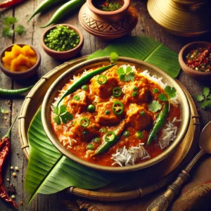 A traditional Bengali chicken curry served in a brass bowl, featuring tender chicken pieces in a rich, spiced curry sauce, garnished with fresh cilantro and green chili slices. Accompanied by steaming basmati rice presented on a banana leaf and a side of mango chutney. The rustic wooden table includes cultural elements like a clay lamp and a small jar of spices. Warm natural light highlights the vibrant colors and authentic textures of the dish, creating an inviting and cultural dining experience.