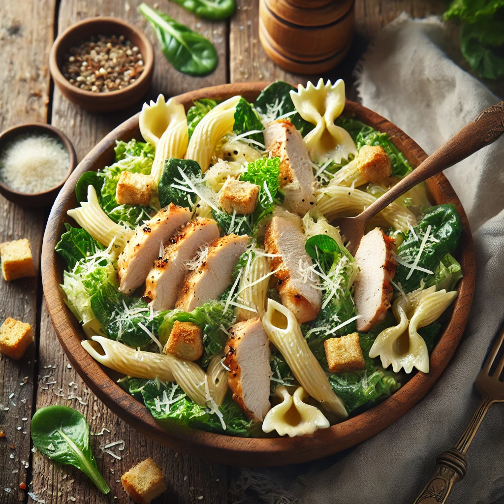 A bowl of chicken Caesar pasta salad with tender pasta, grilled chicken slices, crisp romaine lettuce, and shaved Parmesan cheese, tossed in a creamy Caesar dressing on a rustic wooden table. Crunchy croutons are sprinkled on top, with a serving spoon lifting a portion to reveal the fresh ingredients. A cozy napkin and wooden plate enhance the warm, inviting atmosphere.
