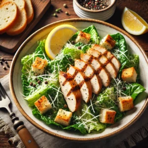 A beautifully plated Chicken Caesar Salad served on a rustic wooden table. The dish features crisp romaine lettuce tossed with creamy Caesar dressing, topped with grilled chicken slices, crunchy croutons, and freshly grated Parmesan cheese. Garnished with a lemon wedge and freshly ground black pepper. Served in a white ceramic bowl with a side of crusty bread. The warm wooden table is more visible, providing a cozy and inviting setting.