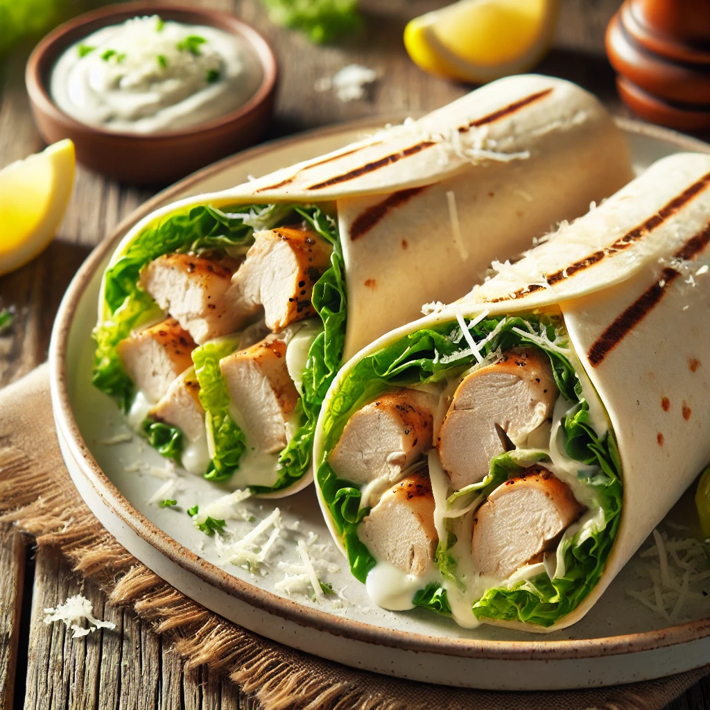 A plate of chicken Caesar wraps on a rustic wooden table, featuring soft flour tortillas filled with grilled chicken, crisp romaine lettuce, shredded Parmesan cheese, and creamy Caesar dressing. Some wraps are sliced in half, revealing the fresh ingredients inside. The plate is accompanied by a small dish of Caesar dressing, lemon wedges, and scattered Parmesan shavings. Soft natural lighting enhances the fresh, inviting tones.