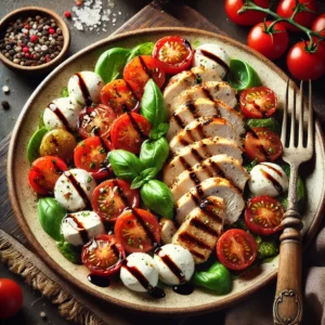 A plate of chicken Caprese salad with grilled chicken breast slices, cherry tomatoes, fresh mozzarella, and basil leaves, drizzled with balsamic glaze on a rustic wooden table. Garnished with cracked black pepper and sea salt, with a serving fork lifting a piece of chicken. A cozy napkin and wooden plate enhance the warm, inviting atmosphere.
