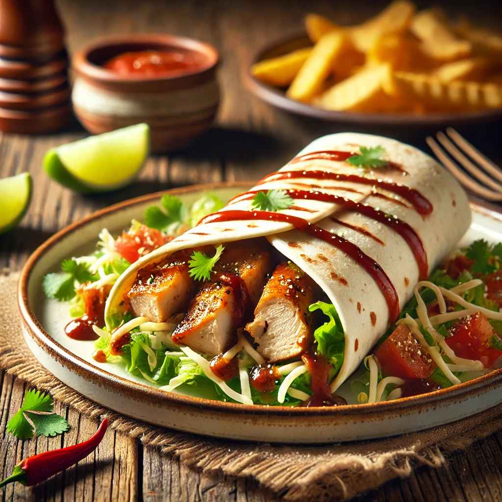 A beautifully plated Chicken Chipotle Wrap served on a rustic wooden table. The dish features a soft flour tortilla filled with seasoned grilled chicken, crisp lettuce, diced tomatoes, and shredded cheese, all drizzled with a smoky chipotle sauce. Garnished with fresh cilantro and a side of lime wedges. Served on a white ceramic plate with a side of crispy fries or a fresh salad. The warm wooden table is more visible, providing a cozy and inviting setting.