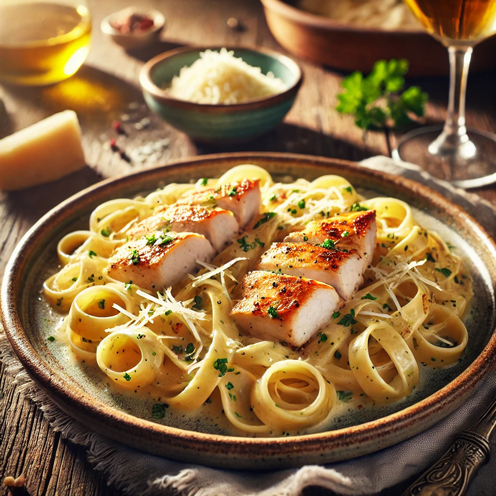 Chicken Fettuccine Alfredo on a rustic ceramic plate, featuring tender fettuccine pasta in a creamy Alfredo sauce with golden-seared chicken slices. Garnished with Parmesan and parsley, set on a wooden table with a small bowl of Parmesan and a glass of white wine in the softly blurred background.