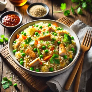 A beautifully plated dish of Chicken Fried Rice served on a rustic wooden table. The dish features fluffy rice stir-fried with tender pieces of chicken, scrambled egg, peas, carrots, and green onions. Seasoned with soy sauce and garlic, garnished with sesame seeds and fresh cilantro. Served in a white ceramic bowl with a side of chili sauce. The warm wooden table is more visible, providing a cozy and inviting setting.