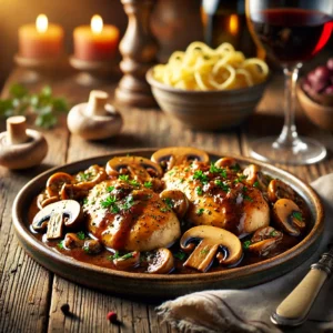 Chicken Marsala on a rustic ceramic plate, featuring golden-seared chicken breasts in a rich Marsala wine sauce with sautéed mushrooms, garlic, and herbs. Garnished with parsley, set on a wooden table with buttered pasta and a glass of red wine in the softly blurred background.