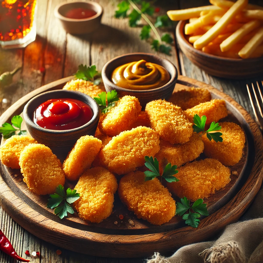 Chicken Nuggets on a rustic wooden platter, featuring crispy, golden-brown breaded nuggets with a crunchy exterior. Served with small bowls of ketchup and honey mustard, set on a wooden table with a side of French fries and a glass of soda in the softly blurred background.