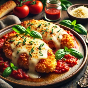 A beautifully plated Chicken Parmesan dish with golden, breaded chicken breasts topped with melted parmesan cheese and rich tomato sauce, garnished with fresh basil. The dish is served on a rustic ceramic plate on a wooden table, accompanied by a small bowl of grated parmesan, a jar of tomato sauce, and a side of breadsticks.