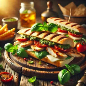 Chicken Pesto Sandwiches on a rustic wooden platter, featuring toasted ciabatta bread filled with grilled chicken, basil pesto, melted mozzarella, and sun-dried tomatoes. Garnished with basil leaves, set on a wooden table with crispy potato wedges and a glass of iced tea in the softly blurred background.