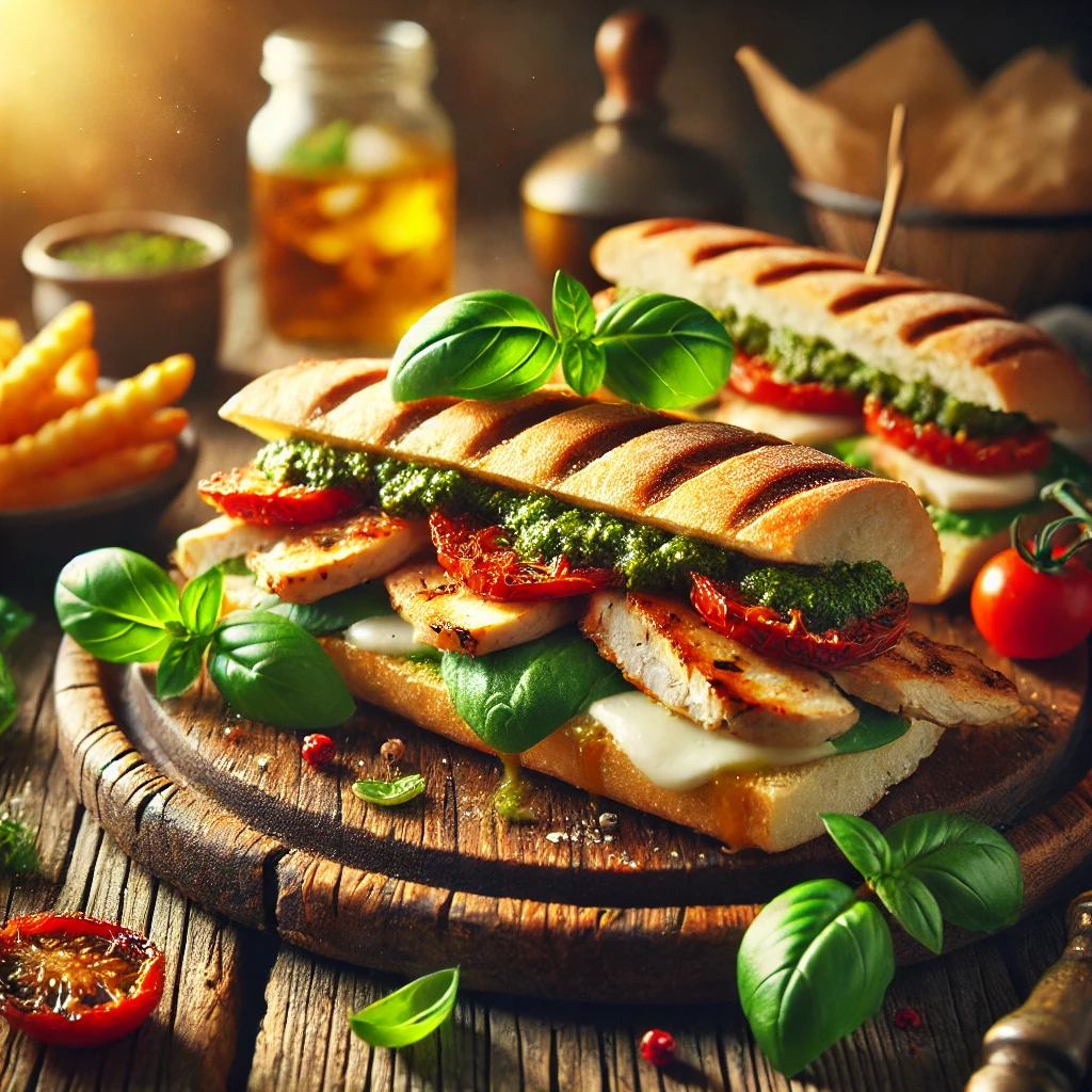 Chicken Pesto Sandwiches on a rustic wooden platter, featuring toasted ciabatta bread filled with grilled chicken, basil pesto, melted mozzarella, and sun-dried tomatoes. Garnished with basil leaves, set on a wooden table with crispy potato wedges and a glass of iced tea in the softly blurred background.