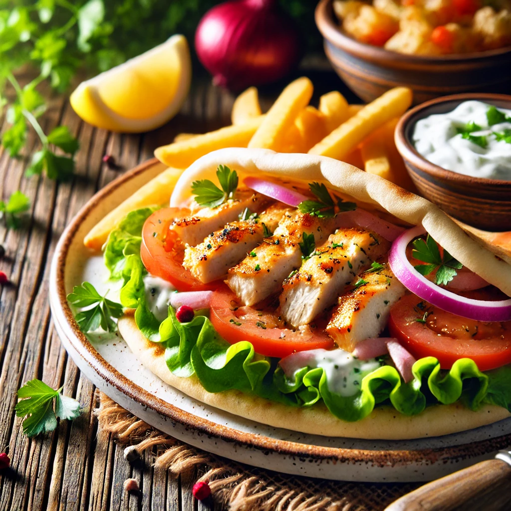 A beautifully plated dish of Chicken Pitas served on a rustic wooden table. The dish features warm, soft pita bread filled with seasoned grilled chicken, fresh lettuce, diced tomatoes, red onions, and a drizzle of creamy tzatziki sauce. Garnished with fresh parsley and a side of lemon wedges. Served on a white ceramic plate with a side of crispy fries or a fresh salad. The warm wooden table is more visible, providing a cozy and inviting setting.