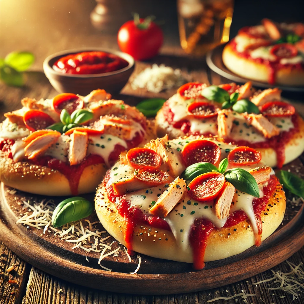 Chicken Pizza Bagels on a rustic wooden platter, featuring toasted bagel halves topped with marinara sauce, shredded chicken, melted mozzarella, and pepperoni slices. Garnished with basil and Parmesan, set on a wooden table with a bowl of marinara sauce and a glass of soda in the softly blurred background.