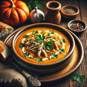 A beautifully plated bowl of Chicken Pumpkin Soup served on a rustic wooden table. The dish features a rich, velvety pumpkin-based broth infused with tender shredded chicken, garlic, and warm spices. Garnished with freshly chopped parsley and a drizzle of cream. Served in a rustic ceramic bowl with a side of crusty bread. The warm wooden table is more visible, providing a cozy and inviting setting.