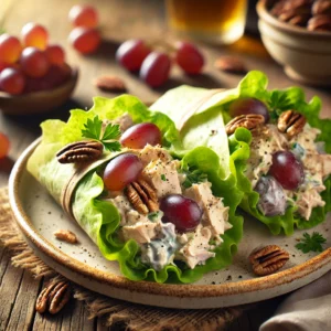 Chicken Salad Lettuce Wraps with Grapes and Pecans on a rustic ceramic plate, featuring crisp lettuce leaves filled with shredded chicken, halved grapes, crunchy pecans, and a light dressing. Garnished with parsley and black pepper, set on a wooden table with extra chicken salad and a glass of iced tea in the softly blurred background.