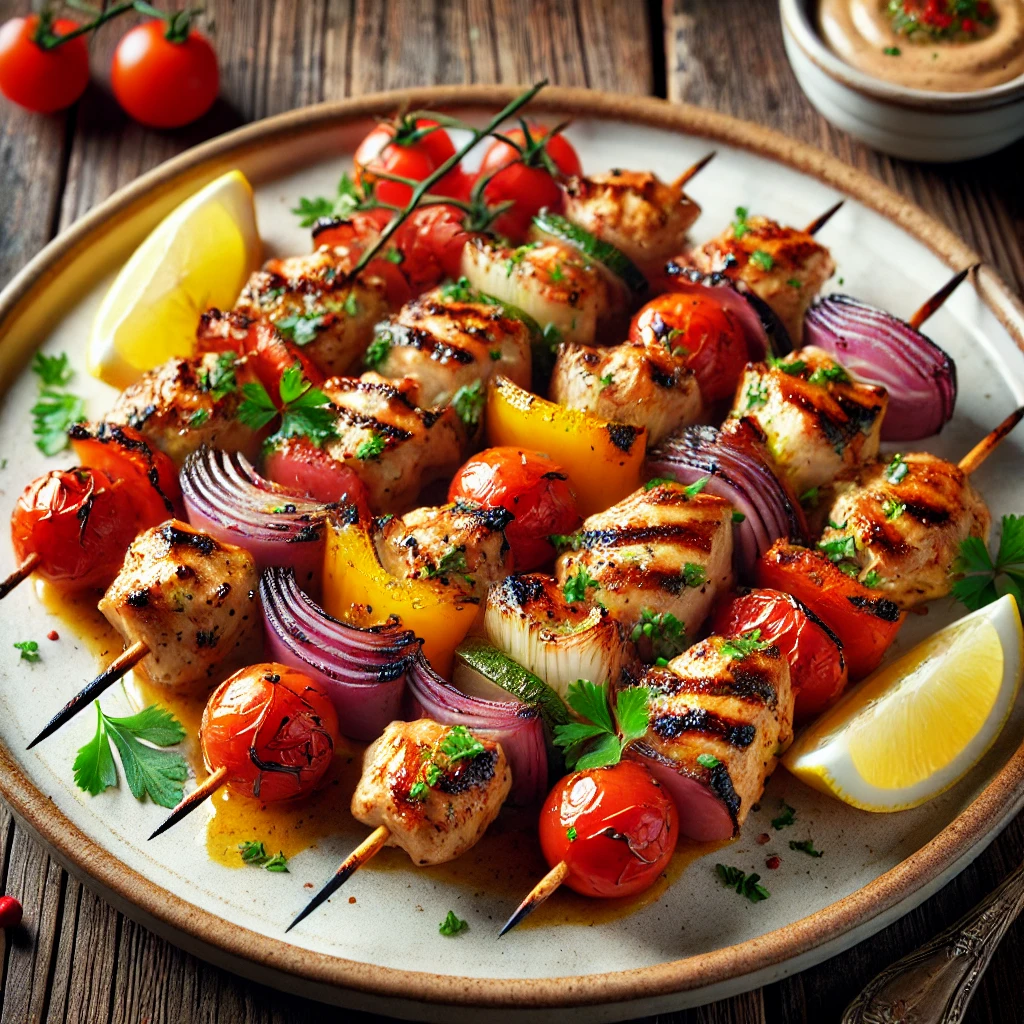 A beautifully plated dish of Chicken Skewers served on a rustic wooden table. The dish features tender, grilled chicken pieces threaded onto skewers with colorful bell peppers, onions, and cherry tomatoes. Lightly charred and brushed with a flavorful marinade, garnished with fresh parsley. Served on a white ceramic plate with a side of dipping sauce and lemon wedges. The warm wooden table is more visible, providing a cozy and inviting setting.