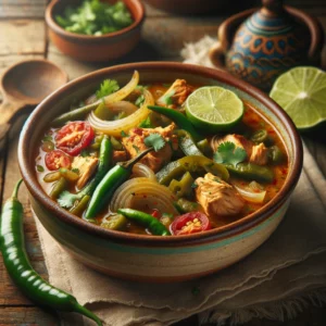 A beautifully plated dish of Chicken Stew With Green Chilies served on a rustic wooden table. The dish features tender chunks of chicken simmered in a flavorful, mildly spicy broth with green chilies, onions, and tomatoes. The stew is garnished with fresh cilantro and a wedge of lime. Served in a rustic ceramic bowl with a side of warm tortillas or crusty bread. The warm wooden table and softly blurred background enhance the inviting and hearty presentation.