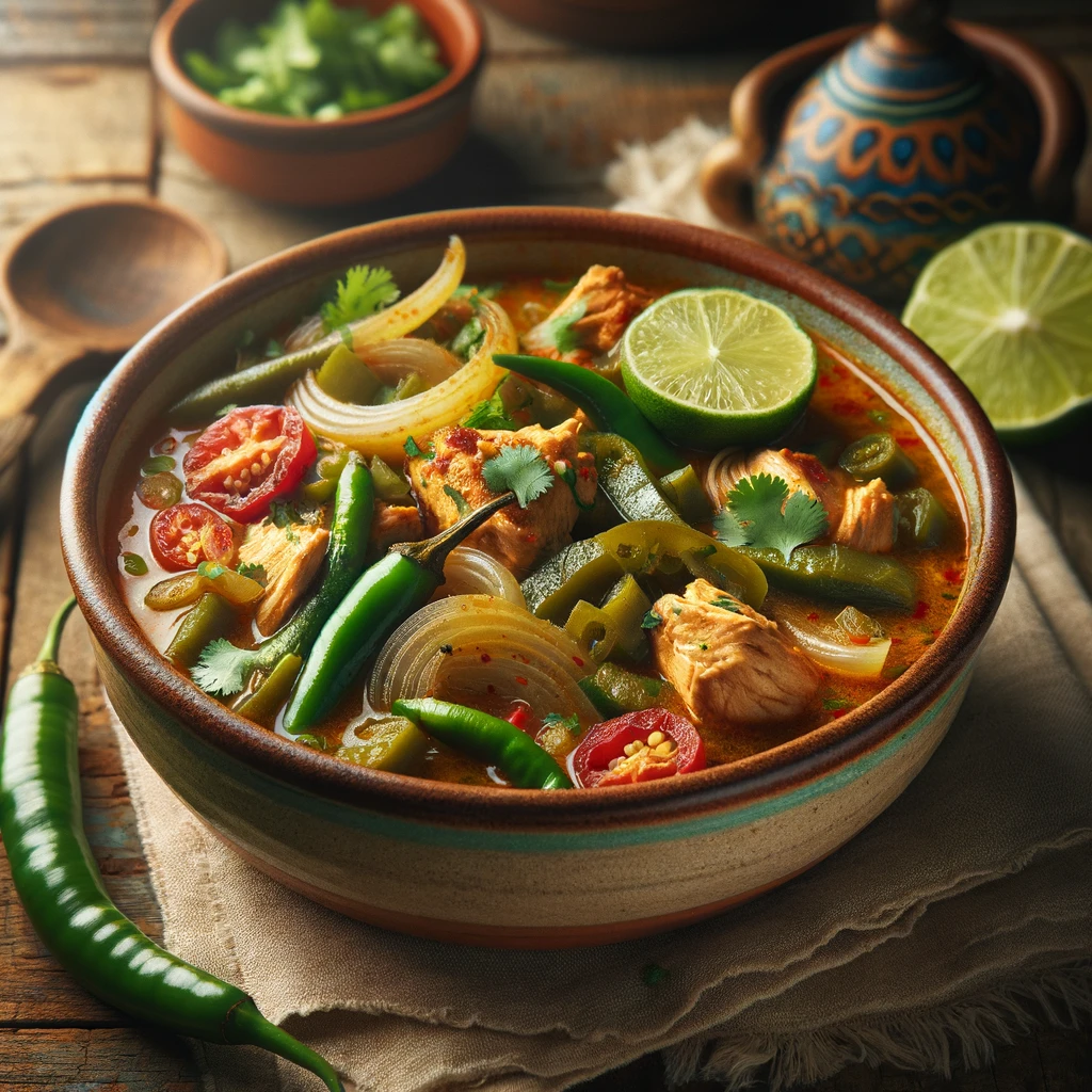 A beautifully plated dish of Chicken Stew With Green Chilies served on a rustic wooden table. The dish features tender chunks of chicken simmered in a flavorful, mildly spicy broth with green chilies, onions, and tomatoes. The stew is garnished with fresh cilantro and a wedge of lime. Served in a rustic ceramic bowl with a side of warm tortillas or crusty bread. The warm wooden table and softly blurred background enhance the inviting and hearty presentation.