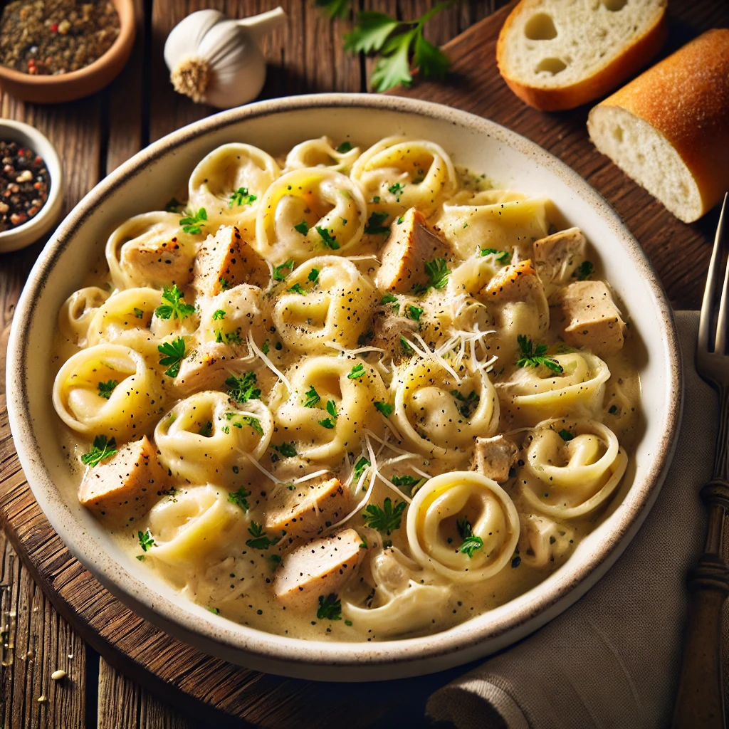 A beautifully plated dish of Chicken Tortellini served on a rustic wooden table. The dish features tender, cheese-filled tortellini tossed with shredded chicken in a creamy garlic and Parmesan sauce. Garnished with freshly chopped parsley and a sprinkle of black pepper. Served in a white ceramic bowl with a side of crusty bread. The warm wooden table is more visible, providing a cozy and inviting setting.