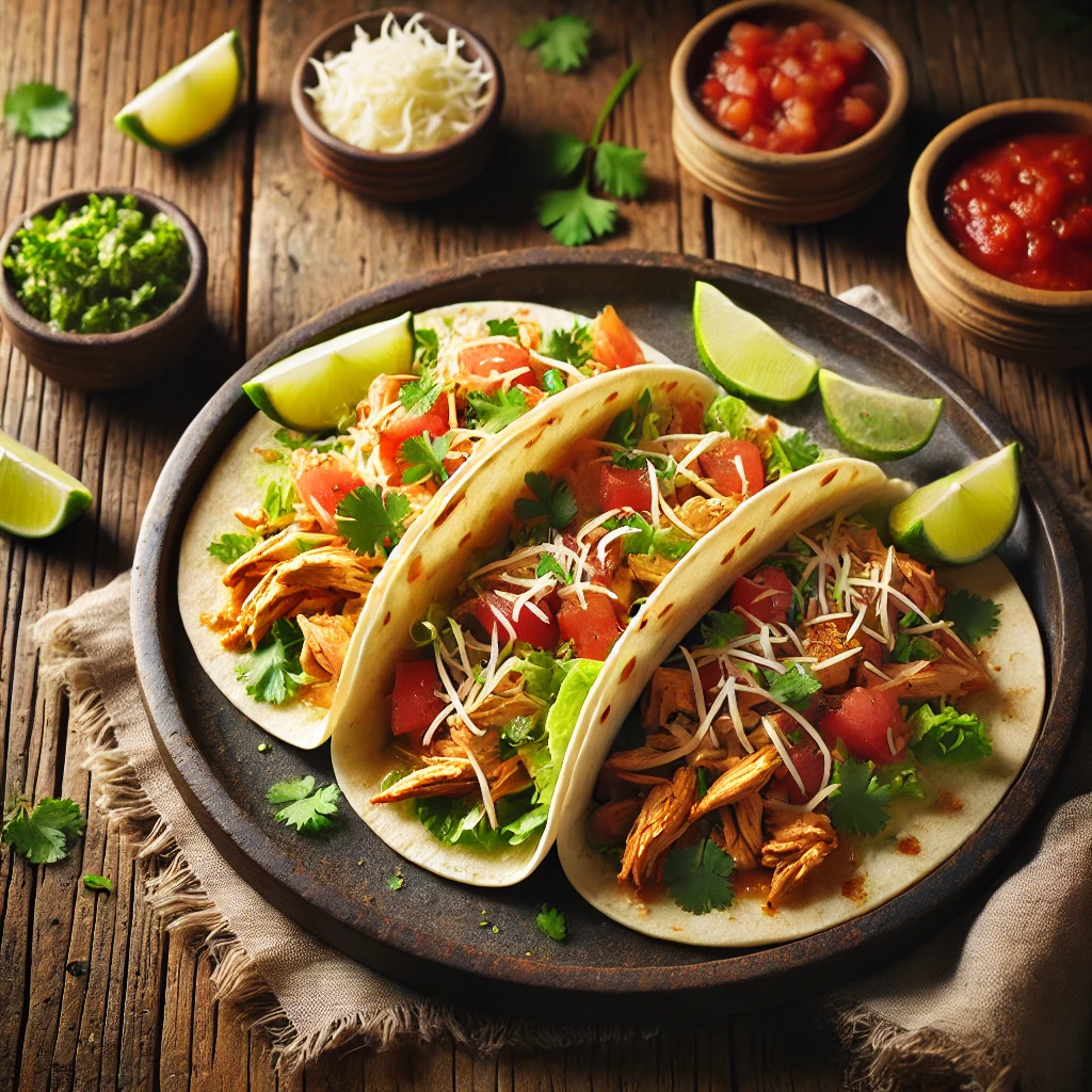 A beautifully plated dish of Chicken Tortillas served on a rustic wooden table. The dish features warm, soft flour tortillas filled with tender, seasoned shredded chicken, fresh lettuce, diced tomatoes, and shredded cheese. Garnished with fresh cilantro and a squeeze of lime. Served with a side of salsa and sour cream. The warm wooden table is more visible, providing a cozy and inviting setting.
