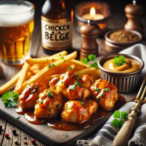 A gourmet presentation of Chicken à la Belge, featuring tender chicken pieces cooked in a rich Belgian-style sauce with beer and mustard, garnished with fresh herbs. The dish is complemented by golden fries and a small bowl of creamy dipping sauce, all set on a rustic wooden table with soft natural lighting for an elegant yet cozy dining experience. Enjoy the taste of Belgium!