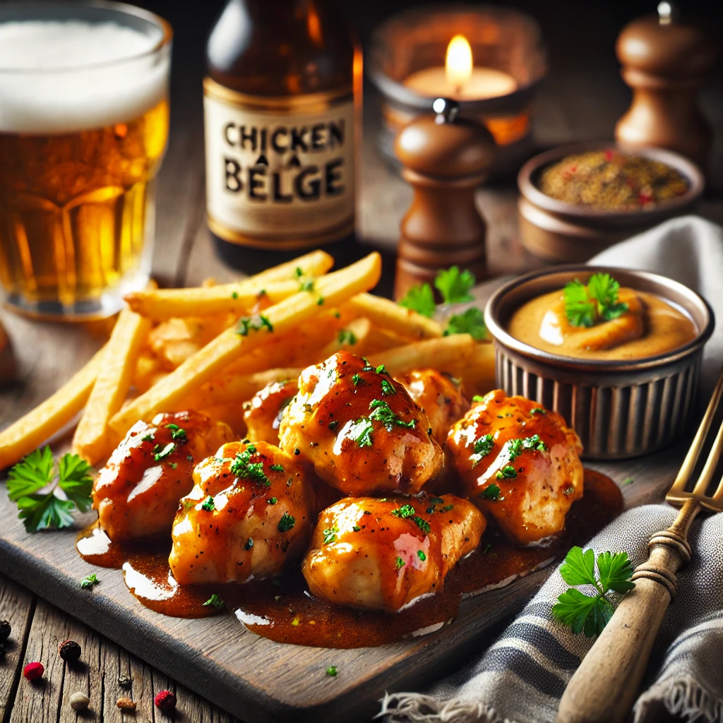 A gourmet presentation of Chicken à la Belge, featuring tender chicken pieces cooked in a rich Belgian-style sauce with beer and mustard, garnished with fresh herbs. The dish is complemented by golden fries and a small bowl of creamy dipping sauce, all set on a rustic wooden table with soft natural lighting for an elegant yet cozy dining experience. Enjoy the taste of Belgium!